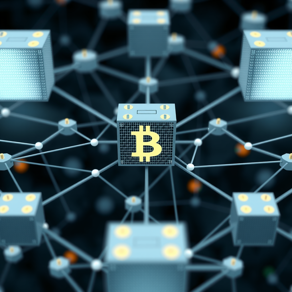 Visuele weergave van een blockchain-netwerk met onderling verbonden blokken en gedistribueerde knooppunten die de gedecentraliseerde structuur van blockchain-technologie illustreren