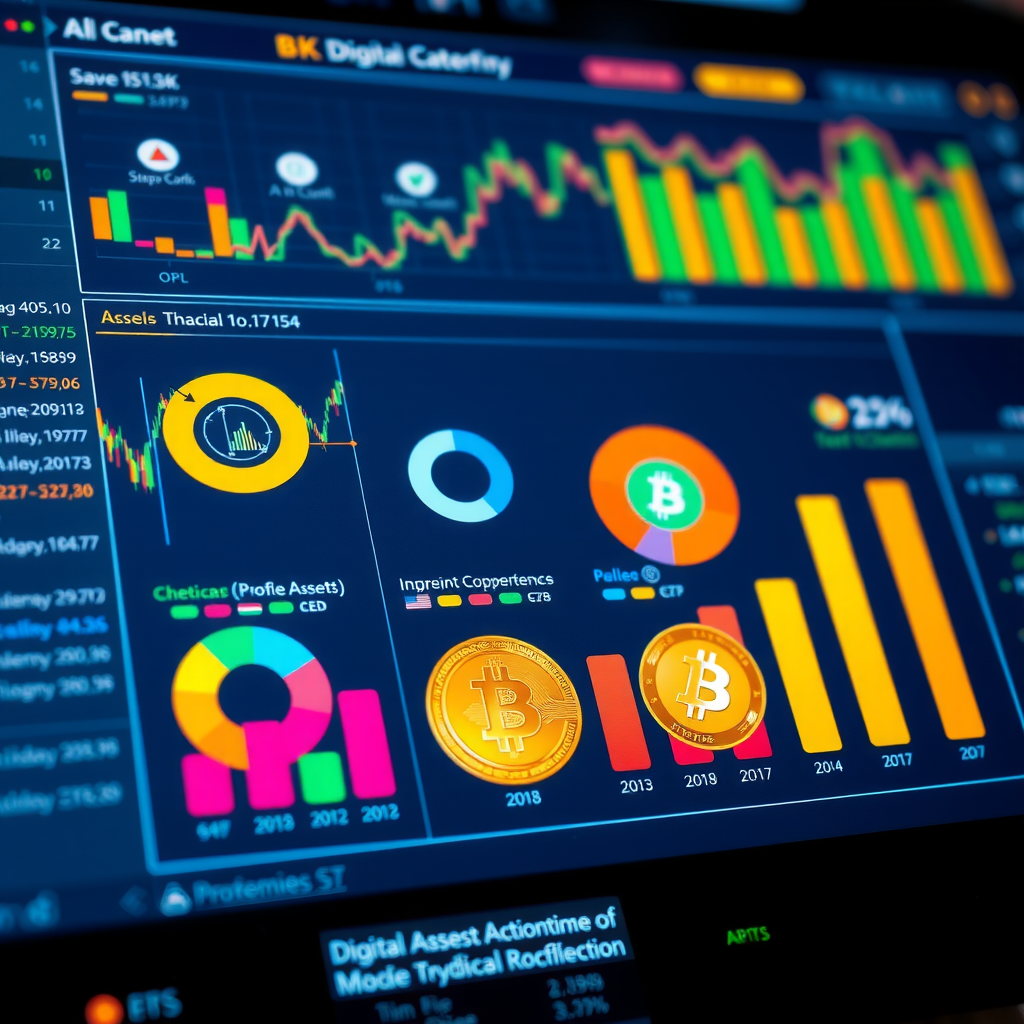 Visuele weergave van een gediversifieerde digitale activa portfolio met verschillende cryptocurrency-categorieën vertegenwoordigd door kleurrijke grafieken, cirkeldiagrammen en blockchain-netwerksymbolen op een moderne financiële interface