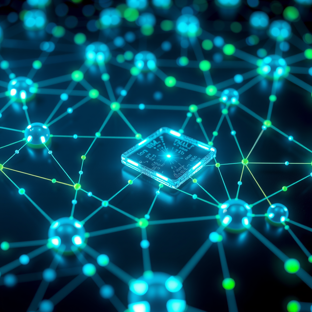 Visuele weergave van een smart contract op een blockchain netwerk met digitale knooppunten en gedecentraliseerde verbindingen, geïllustreerd met blauwe en groene technologie-elementen