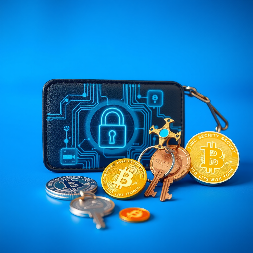 Visuele weergave van cryptocurrency beveiligingsconcept met digitale wallet, sleutels en beveiligingssymbolen op een moderne blauwe achtergrond