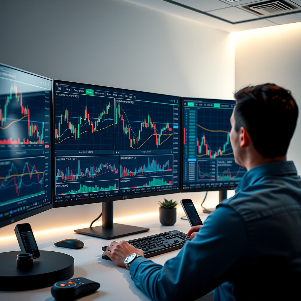 Professioneel dashboard met cryptocurrency prijsgrafieken, technische indicatoren, candlestick patronen en volume bars op meerdere schermen, met een moderne handelaar die markttrends analyseert in een goed verlichte werkruimte