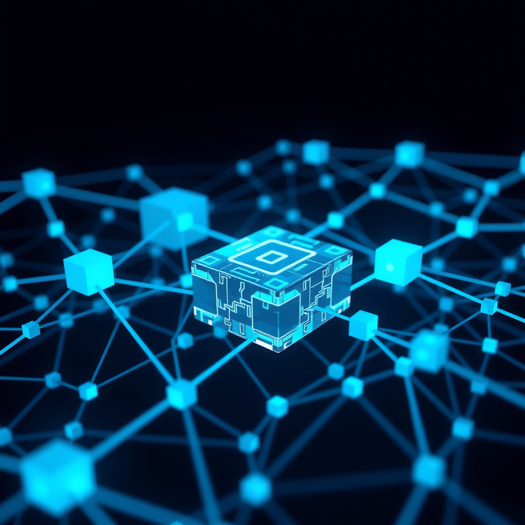 Visual representation of blockchain technology showing interconnected blocks, distributed ledger concept, and digital network nodes with blue and teal color scheme