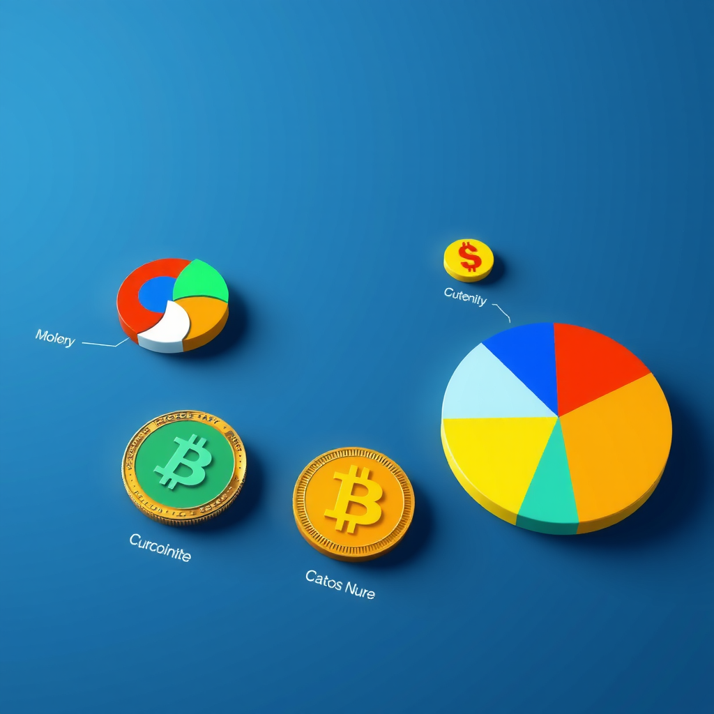 Illustration of diversified digital asset portfolio with pie charts, cryptocurrency symbols, and balanced investment allocation across different asset categories