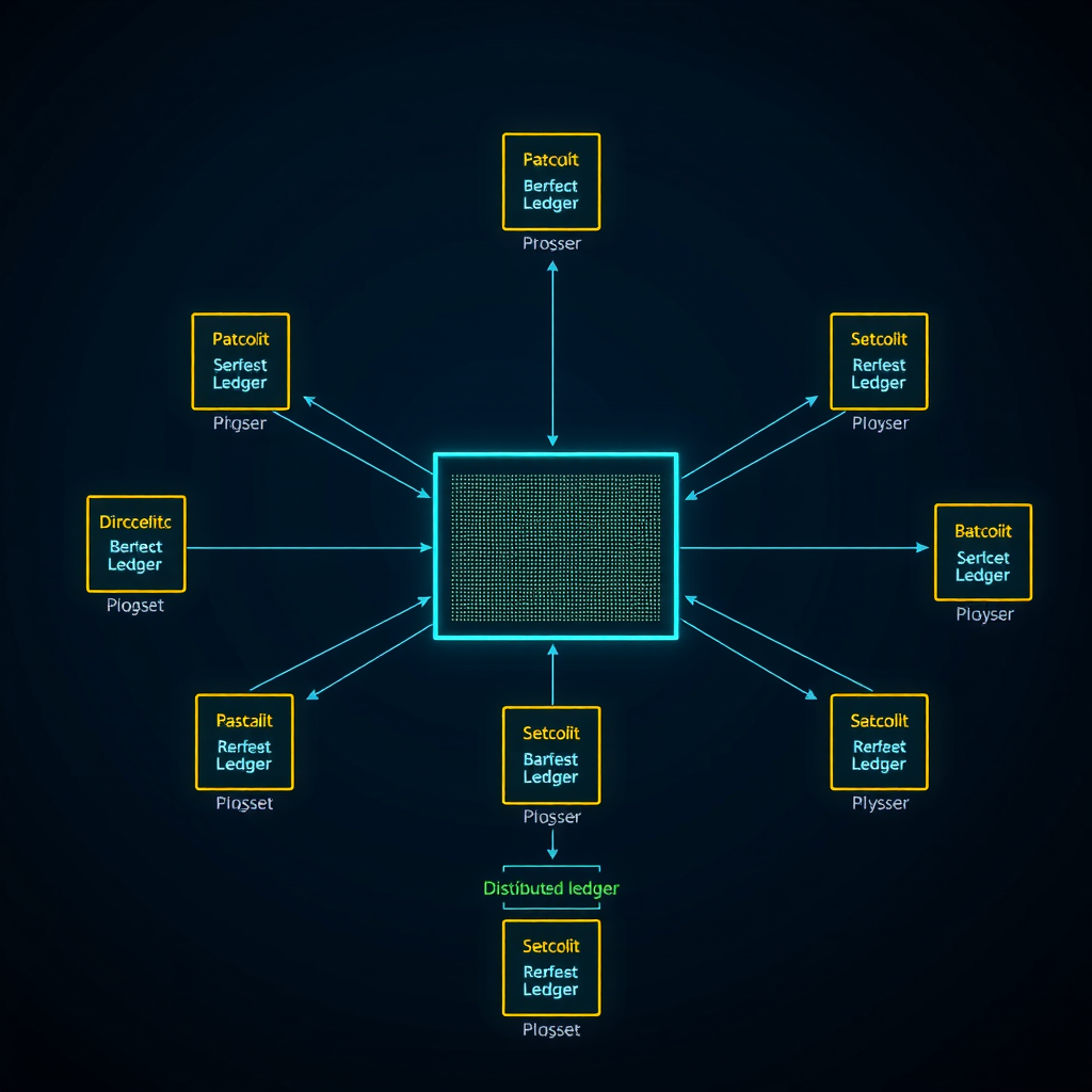 Diagram van gedistribueerde grootboekarchitectuur met meerdere knooppunten die elk een volledige kopie van het grootboek bevatten, verbonden in een peer-to-peer netwerk