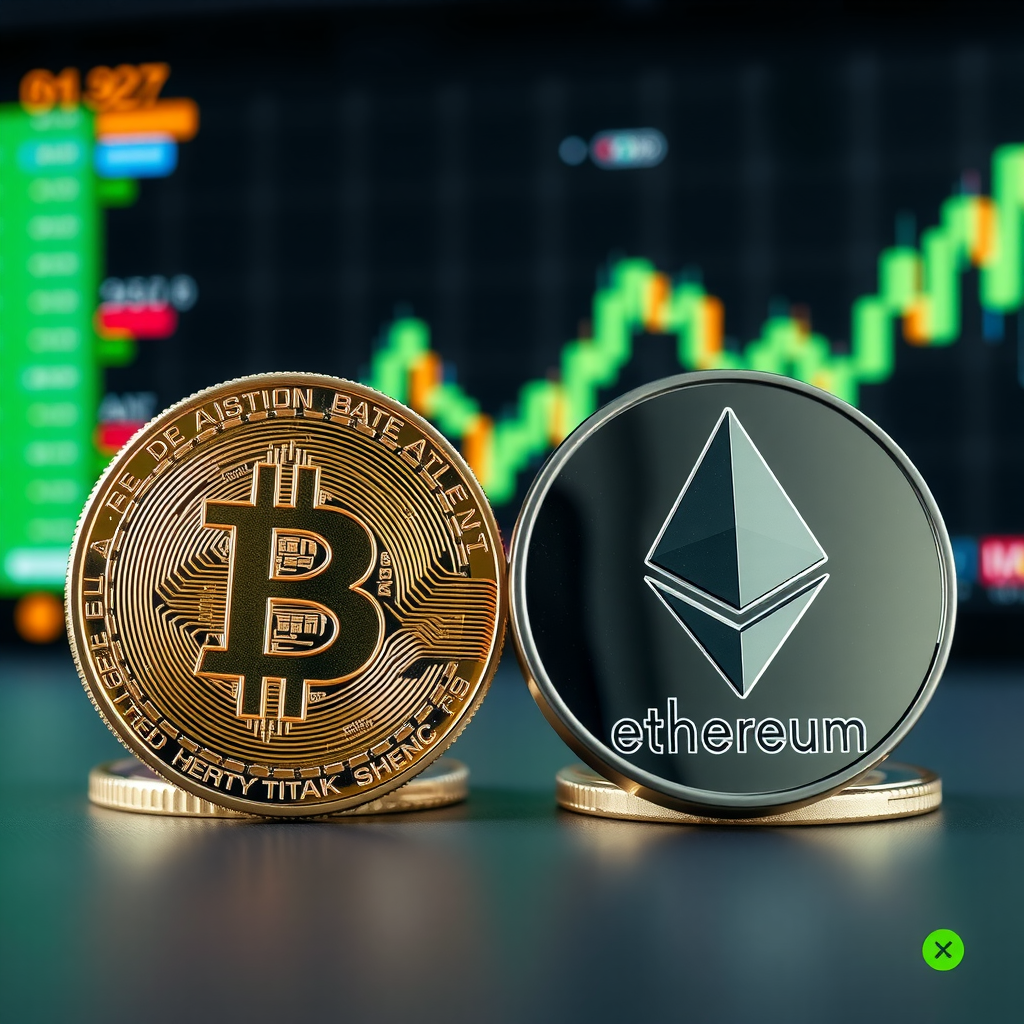 Illustratie van gevestigde cryptocurrency-munten zoals Bitcoin en Ethereum weergegeven als solide, betrouwbare digitale activa met blockchain-netwerken en marktgrafieken op de achtergrond