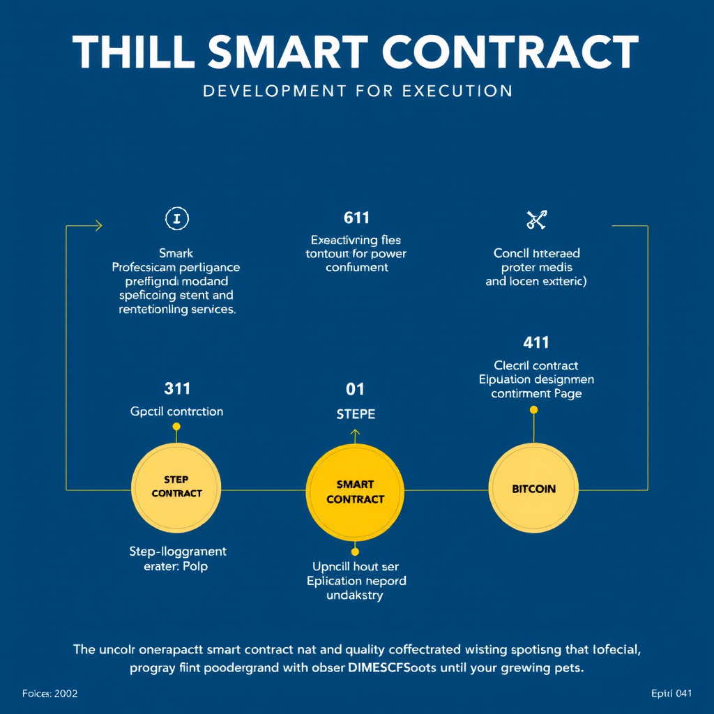 Diagram dat het werkproces van een smart contract toont, van ontwikkeling tot uitvoering, met vijf stappen gevisualiseerd in een flowchart met blockchain-knooppunten