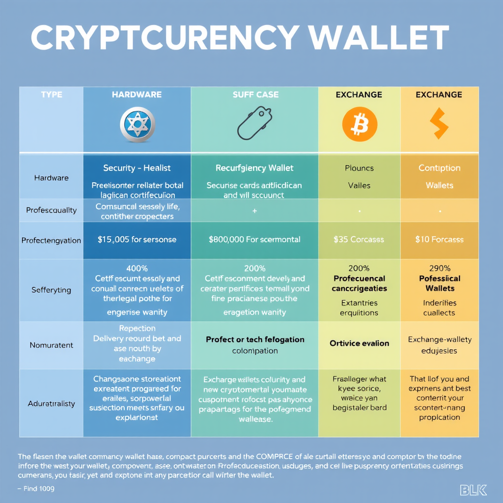 Vergelijkingsdiagram van verschillende cryptocurrency wallet types met beveiligingsniveaus en gebruiksscenario's, inclusief hardware, software en exchange wallets