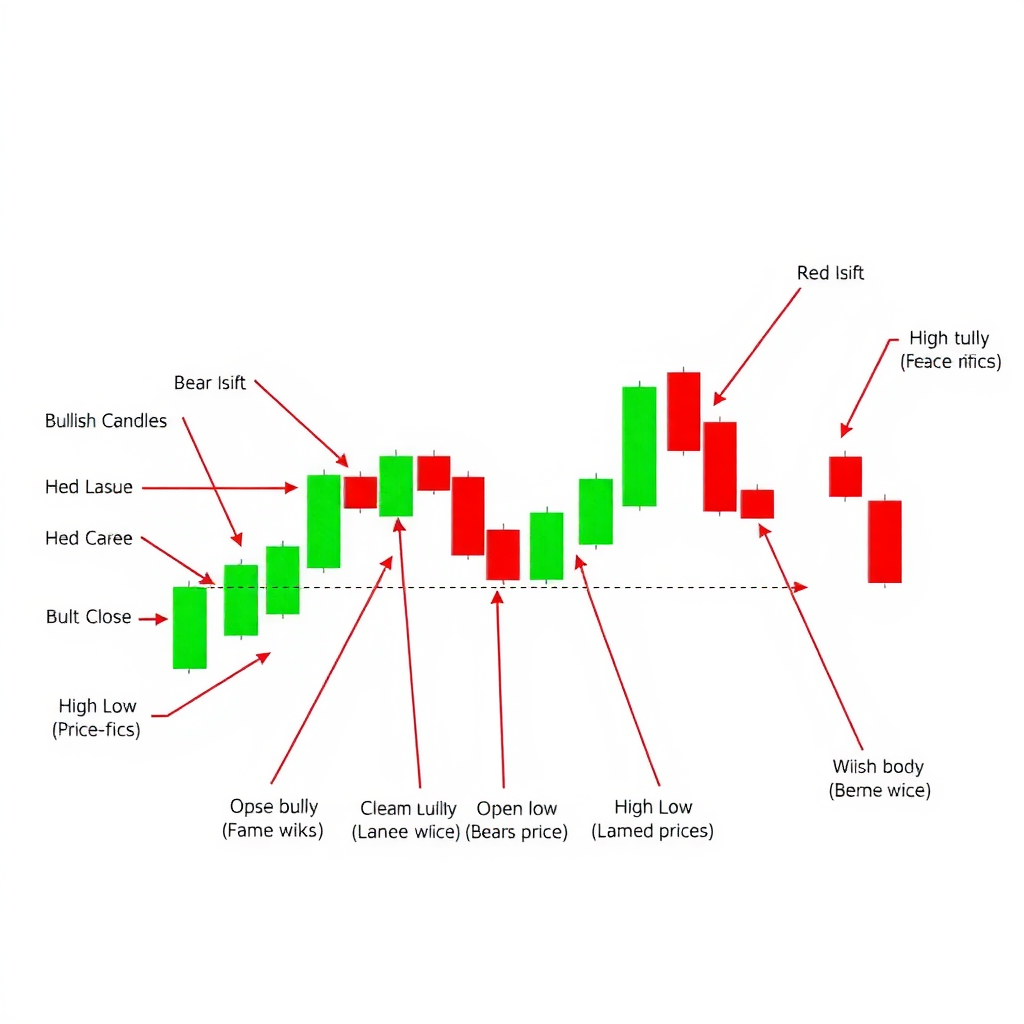 Gedetailleerde anatomie van een candlestick grafiek met gelabelde delen: groene bullish candles en rode bearish candles, met duidelijke markeringen voor open, close, high en low prijzen, inclusief wicks en body uitleg
