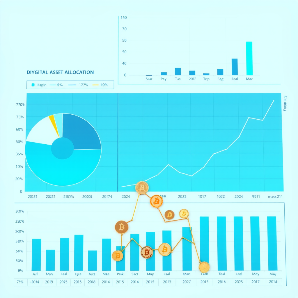 Professional financial chart showing diversified digital asset portfolio allocation with pie charts, bar graphs, and cryptocurrency symbols in teal and blue tones