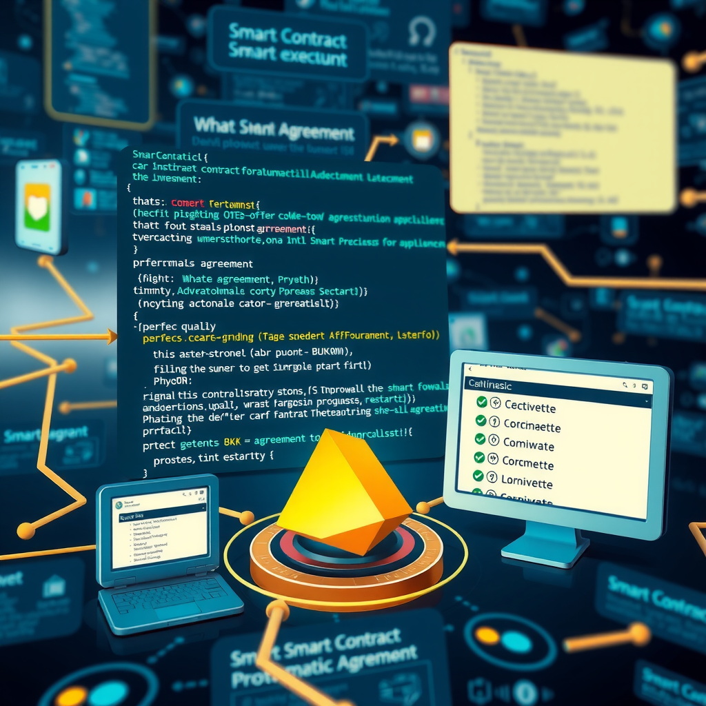Digital illustration of smart contract execution showing code snippets, automated agreement processes, and decentralized application interfaces