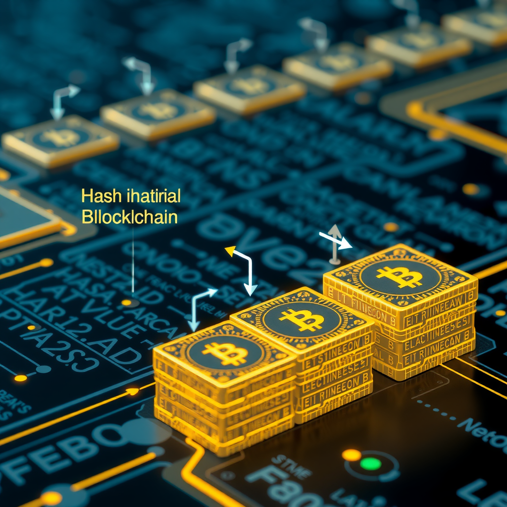 Illustratie van cryptografische hash-functies die laten zien hoe gegevens worden omgezet in unieke hash-waarden die blokken aan elkaar koppelen in de blockchain