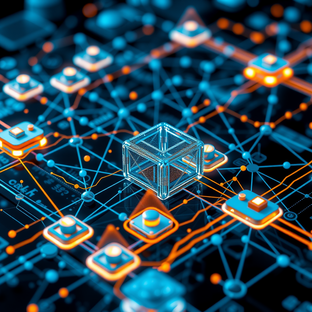 Technische visualisatie van blockchain-infrastructuur met onderling verbonden netwerkknooppunten, datastromen en interoperabiliteitsbruggen tussen verschillende blockchain-platforms