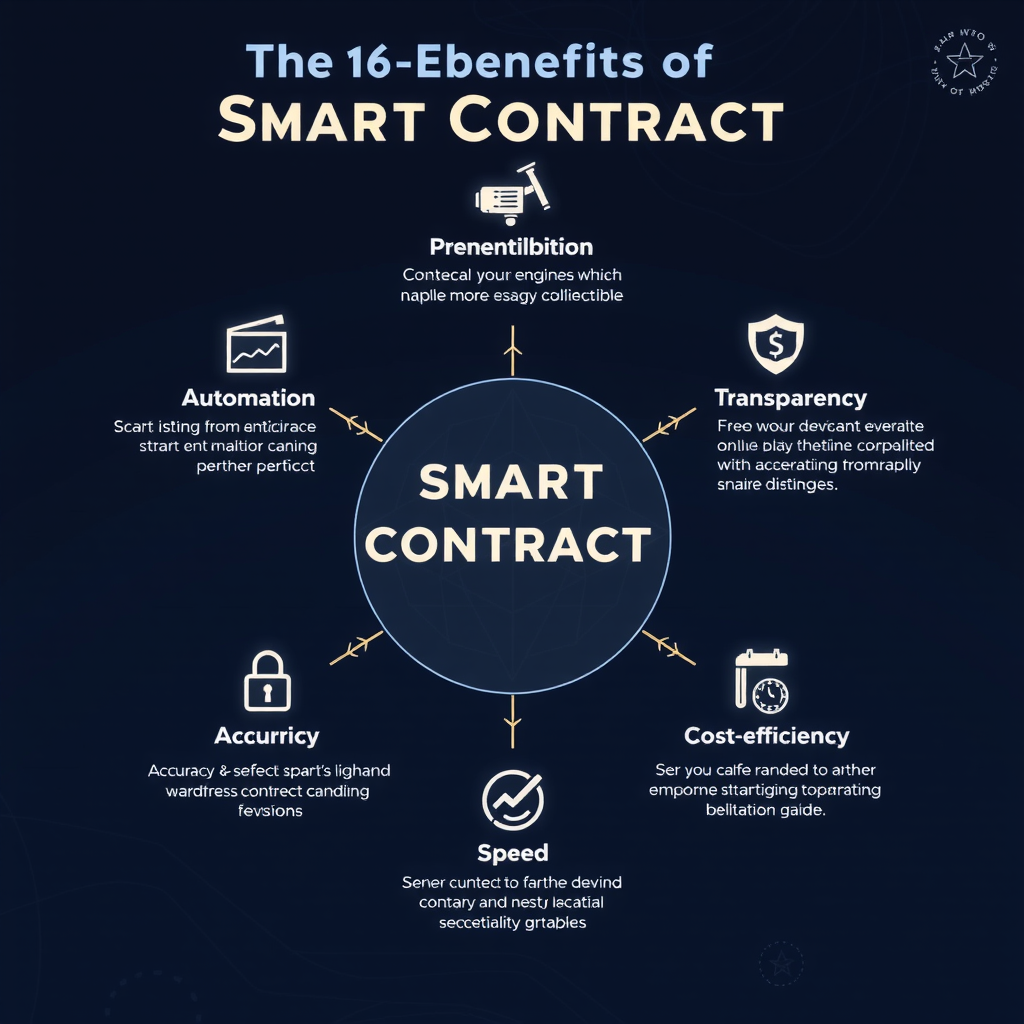 Infographic die de zes belangrijkste voordelen van smart contracts illustreert met pictogrammen voor automatisering, transparantie, veiligheid, nauwkeurigheid, kostenefficiëntie en snelheid