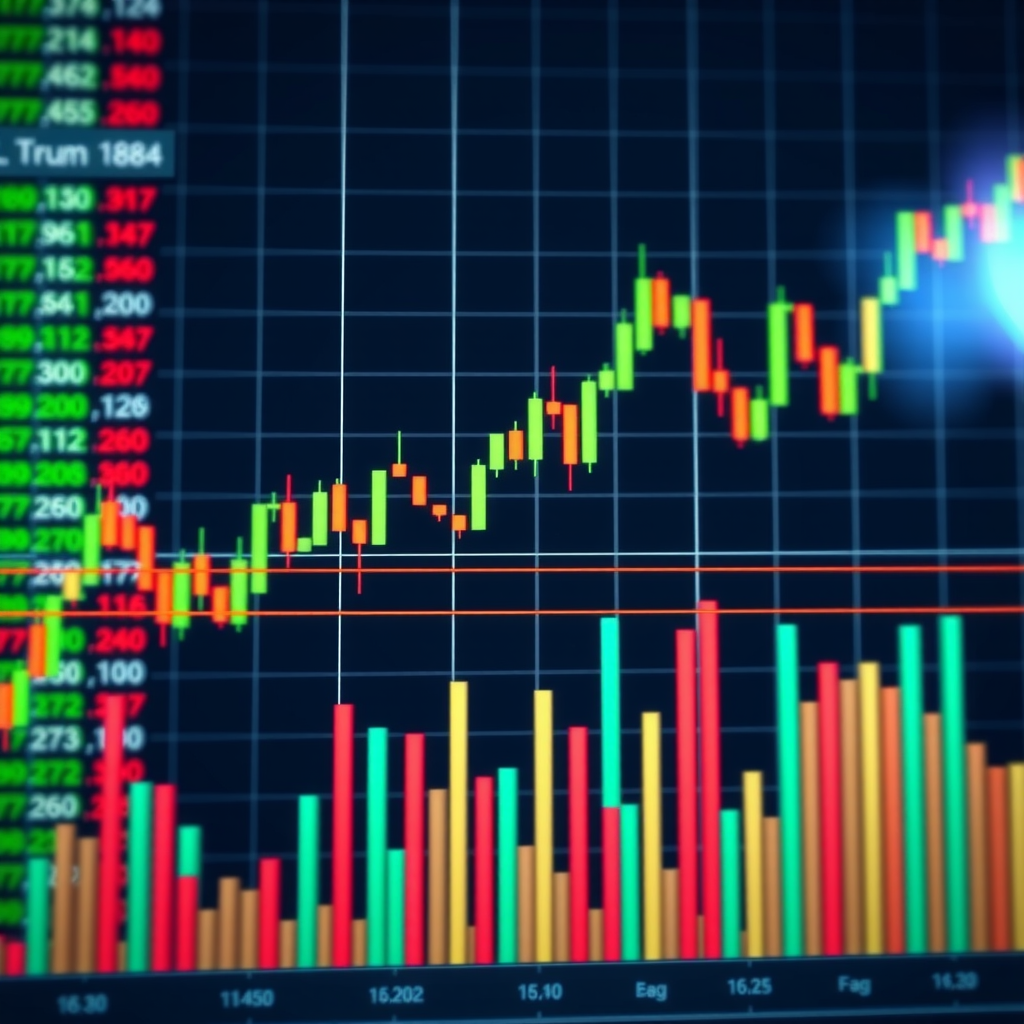 Cryptocurrency handelsgrafiek met volume bars onderaan, waarbij hoge volume pieken samenvallen met significante prijsbewegingen, met kleurgecodeerde volume bars die koop- en verkoopdruk tonen