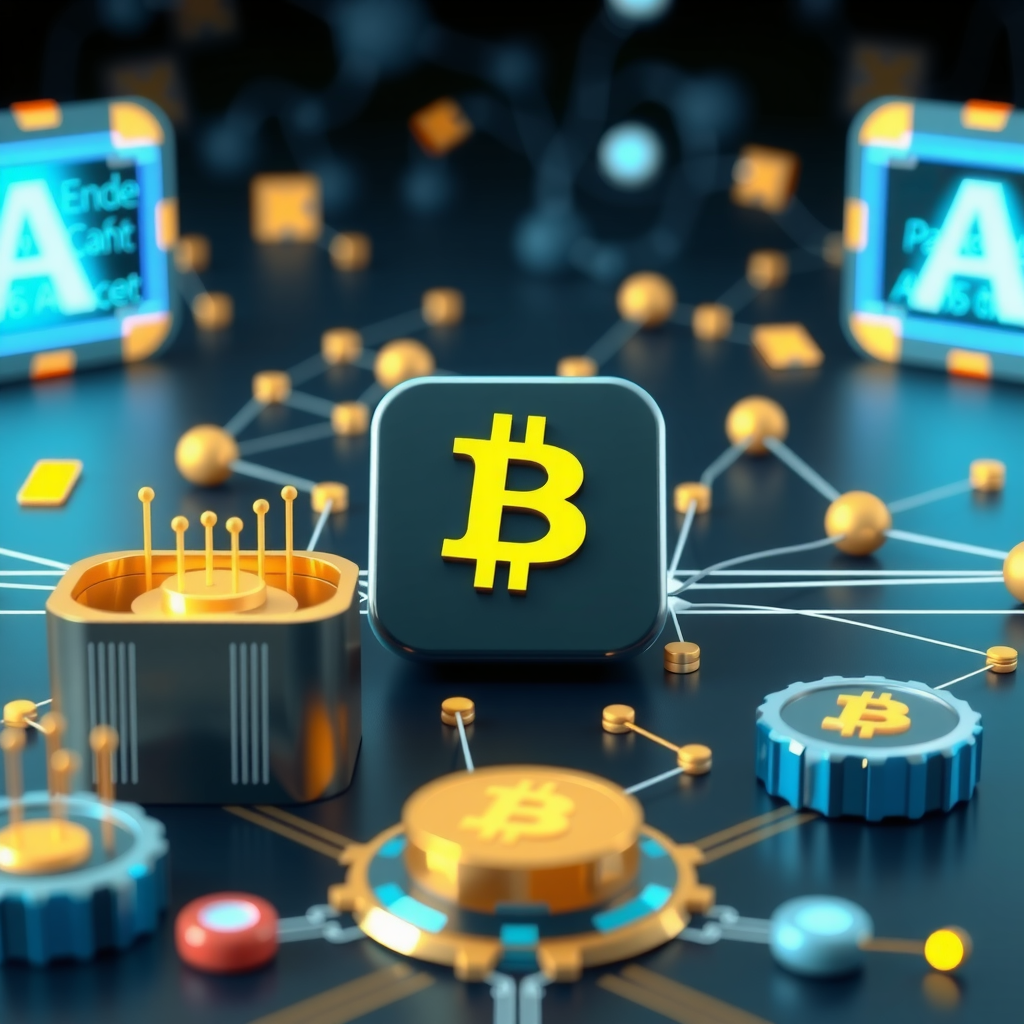 Digital illustration of smart contract execution showing code blocks, automated agreement symbols, and decentralized network connections with gold and blue accents