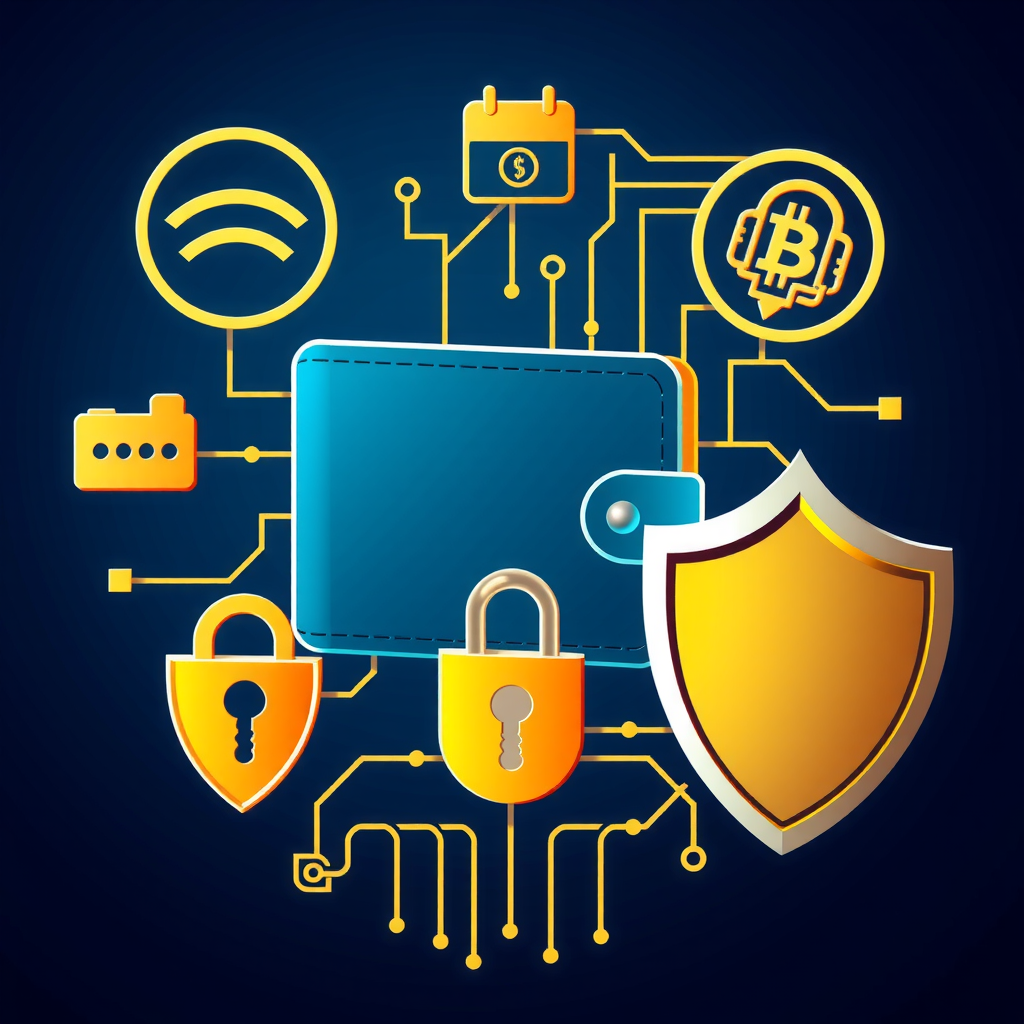 Security-focused illustration showing digital wallet protection, two-factor authentication symbols, encrypted private keys, and shield icons representing asset protection