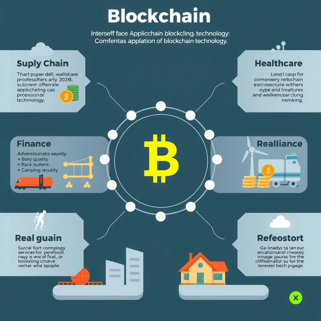Infographic die verschillende industriële toepassingen van blockchain-technologie toont, waaronder supply chain, gezondheidszorg, financiën en vastgoed