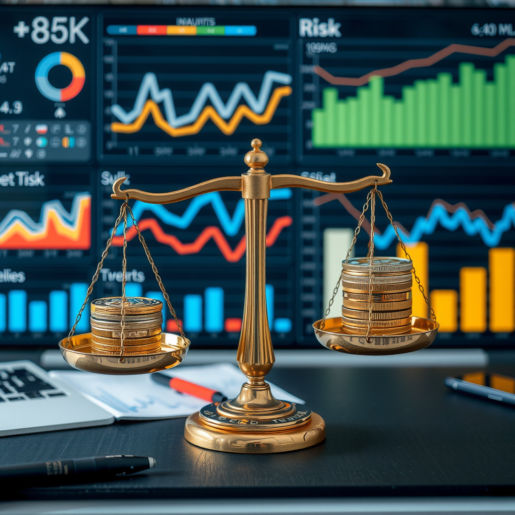 Conceptuele afbeelding van risicobeoordeling met weegschalen die verschillende investeringsrisico's en rendementen in evenwicht brengen, met grafieken en analytische tools op een professioneel financieel dashboard