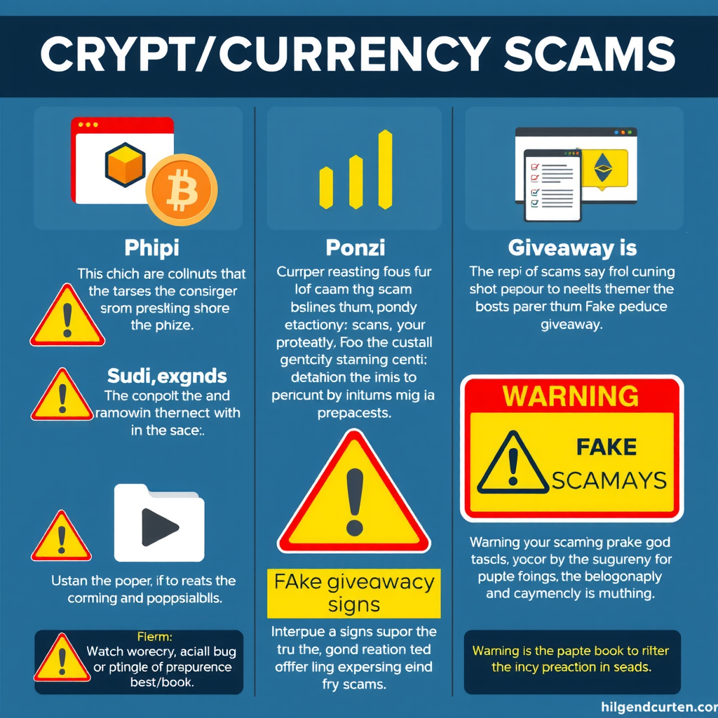Infographic met voorbeelden van veelvoorkomende cryptocurrency oplichting zoals phishing, ponzi schemes en nep-giveaways met waarschuwingssignalen