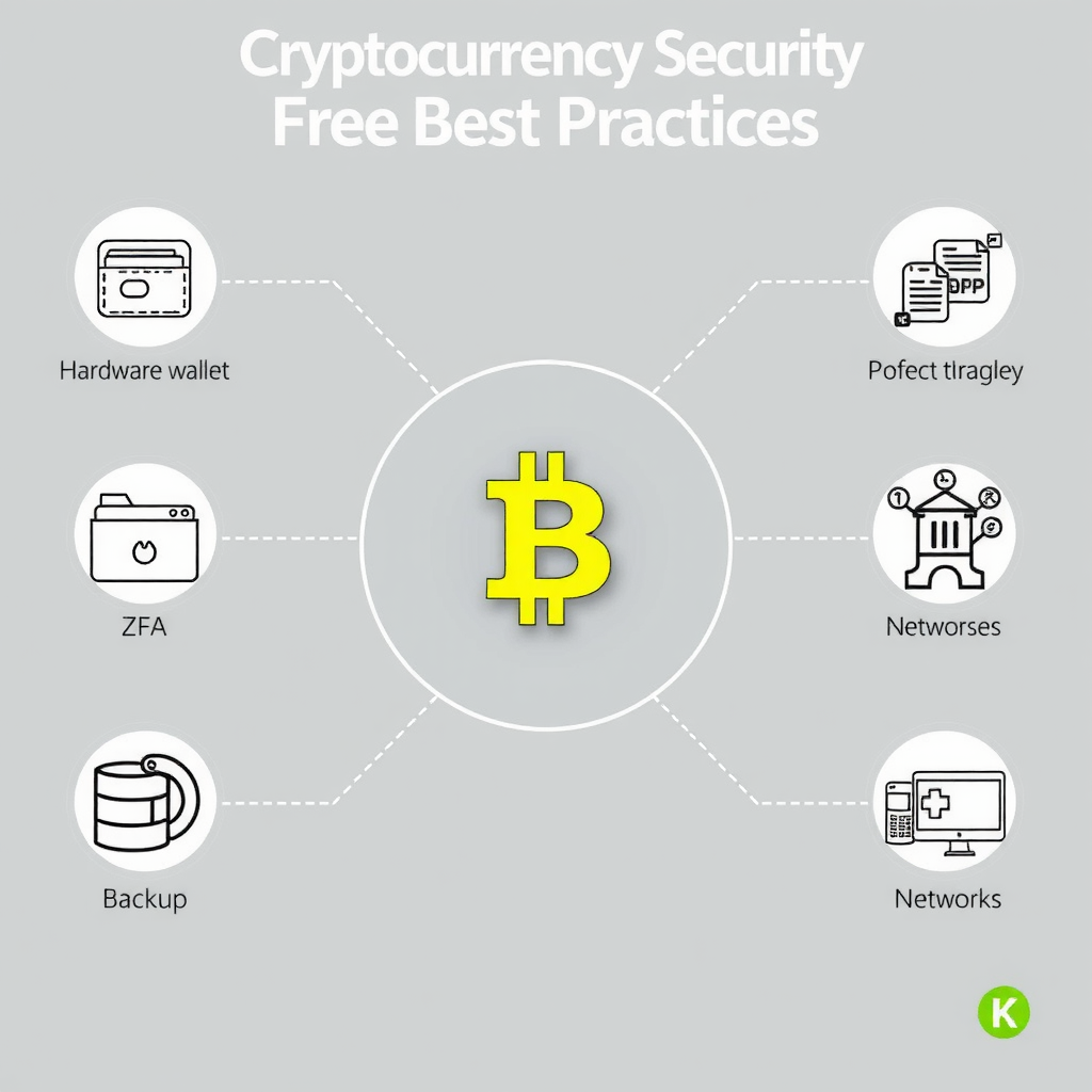 Visuele samenvatting van cryptocurrency beveiligingsbest practices met iconen voor hardware wallets, 2FA, backup strategieën en veilige netwerken